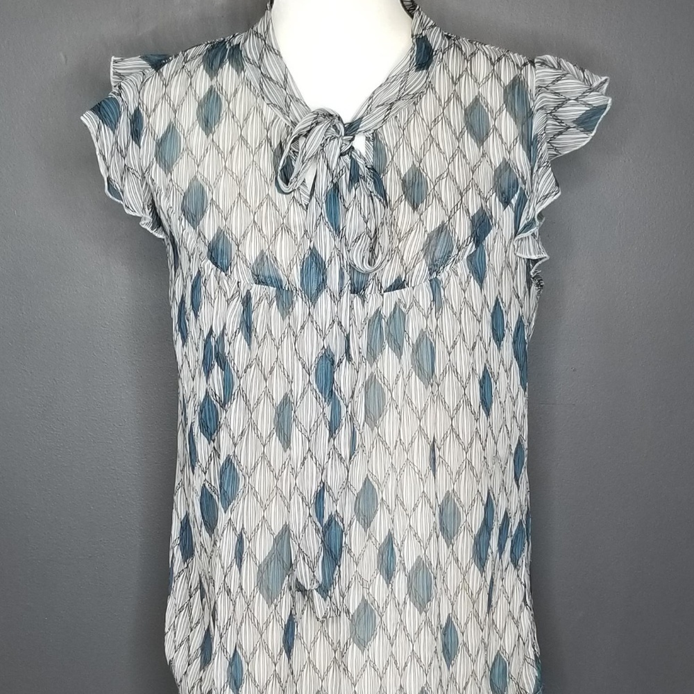 Daniel Rainn Blue and White Leaf-Print Tie-Neck Blouse